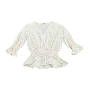 Zara Boho Eyelet Peplum Top Smocked Waist Sleeves Off White Womens Size Small